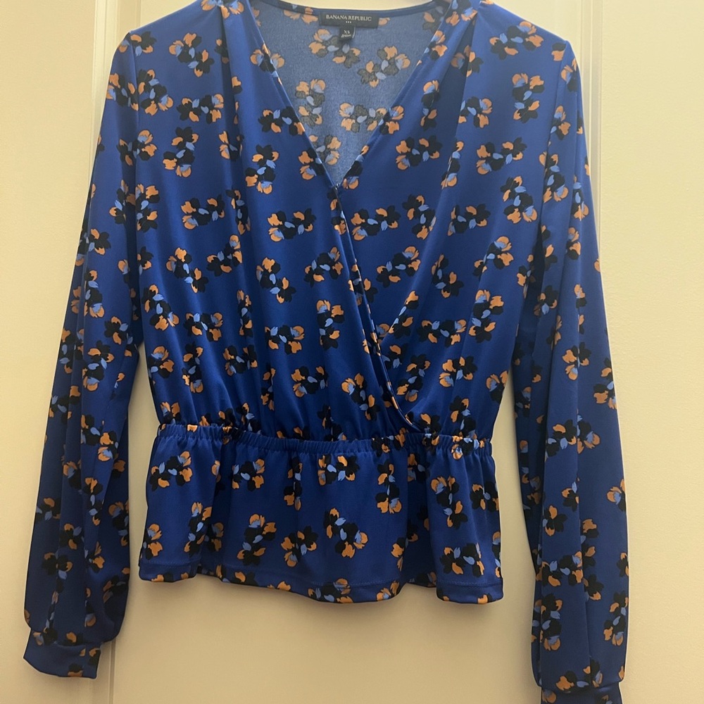 Banana Republic Blue Floral Wrap Blouse Long Sleeve